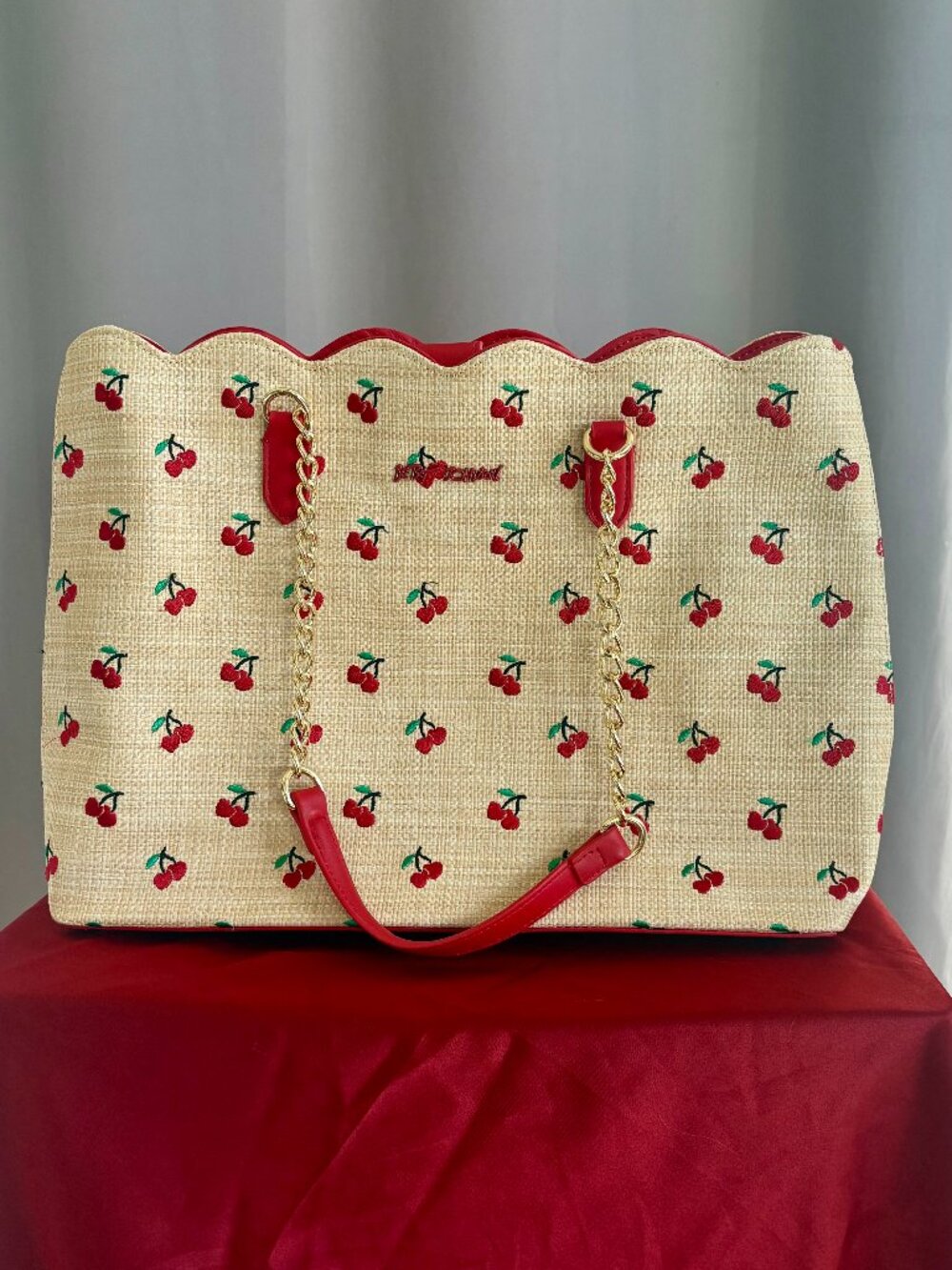 Betsey Johnson Cherry Embroidered Straw Scalloped Large Tote Bag Chain Strap